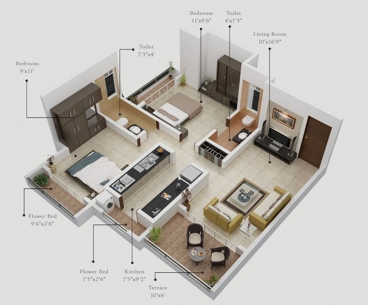 penthouse interior 3d floorplan rendering